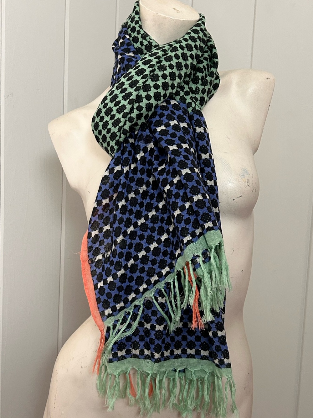 J. Crew 100% Wool Colorblock Fringe Scarf Mint Green Blue Coral Wrap Shawl